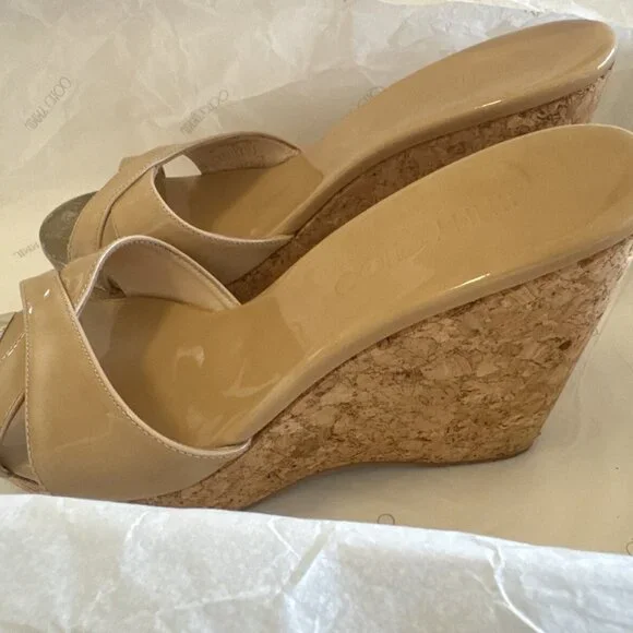 Jimmy Choo Nude Patent Leather Prima Cork Wedge Platform Sandals - Picture 3 of 6